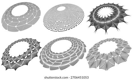 Un conjunto de Formas espirales abstractas y marcos de Vector circulares. Adecuado para fondos, diseño tecnológico, carteles y Elementos de interfaz de usuario. Adecuado para Gráficos para video, diseños de presentaciones y plantillas web