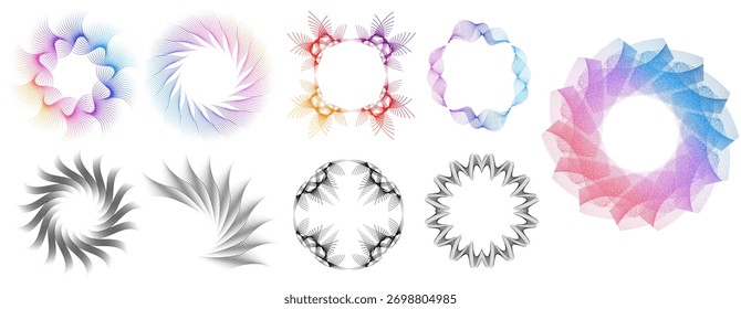 Set of abstract spiral and wave circles with geometric gradients. Ideal for tech branding, posters, digital art, and UI design. Modern minimal vector elements for futuristic and creative compositions