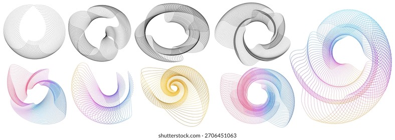 Un conjunto de Formas abstractas de línea de onda espiral con curvas de gradiente suaves. Ideal para fondos modernos, Anuncios tecnológicos, acentos de marca, certificados, marcos decorativos, carteles y gráficos de interfaz de usuario digital