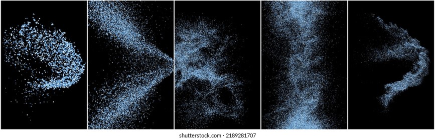 Set of abstract splashes of water on black background. Frozen motion of round particles. Rain, snow overlay texture. Vector Illustration, Eps 10.