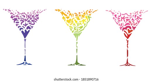 set of abstract splashing glasses in colorful mosaic style isolated on white backdrop