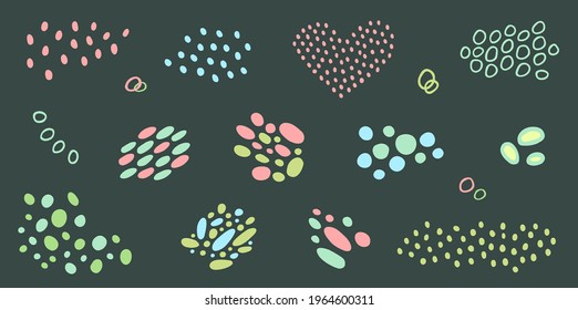 Set of abstract spots of dots, loops. Modern design assets. Graphic background space fillers for creating trending patterns, templates. Geometric rounded shapes similar to stones. Flat clip art specks