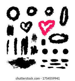 Un conjunto de puntos abstractos sobre un fondo blanco aislado. Cepillos. Corazones. Vector.