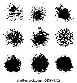 Set Abstract spots textured brush strokes ink. Variety abstract paint shape.  Brushes vector illustration background. Abstract paint splashes set for design use. Isolated paint brush pack.