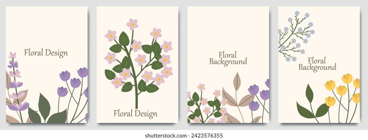 Conjunto de vector de fondo de la tarjeta de invitación floral de primavera abstracta. Flor botánica de color vibrante y cubierta de rama de hoja. Ilustración de diseño para volante, afiche, pancarta, folleto, boda, cumpleaños