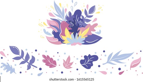 Set of abstract spring leaves on white background, hand drawn design elements. Simple cartoon flat style. Vector flat illustration 