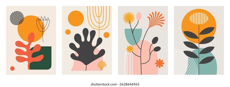 Set of abstract spring and summer cards with colorful patterns for seasonal greetings and creative design use