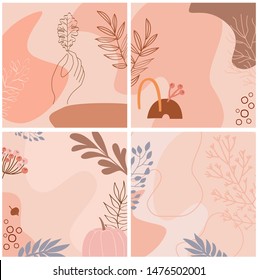 Set of abstract square background with autumn elements, shapes and plants in one line style. Background for mobile app page minimalistic style. Vector illustration