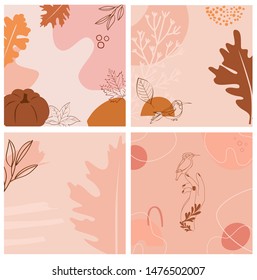 Set of abstract square background with autumn elements, shapes and plants in one line style. Background for mobile app page minimalistic style. Vector illustration