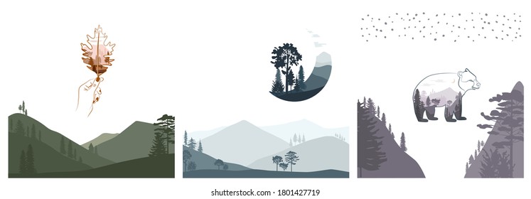 Set of abstract square background with autumn forest, animals, plants in one line style and abstract shapes. Background for mobile app page minimalistic style. Vector illustration