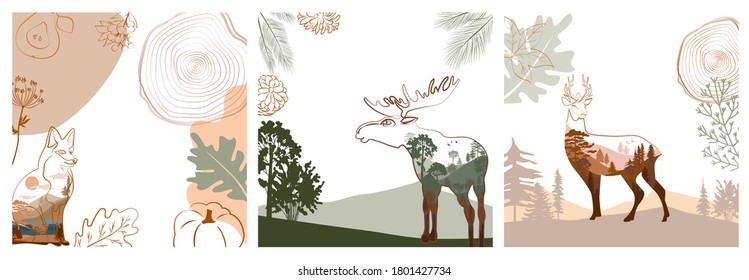 Set of abstract square background with autumn forest, animals, plants in one line style and abstract shapes. Background for mobile app page minimalistic style. Vector illustration