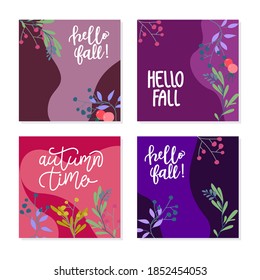 Set of abstract square background banner with autumn elements, shapes and plants in one line style. Background for mobile app page minimalistic style. Vector illustration