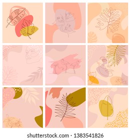 Set of abstract square background with tropical elements, shapes and girl portrait in one line style. Background for mobile app minimalistic style. Vector illustration
