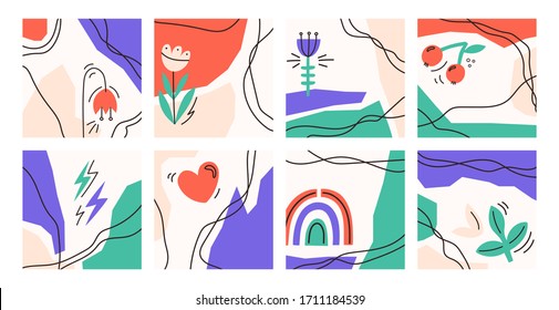 A set of abstract square backgrounds. Hand-drawn illustrations with flowers, rainbows, hearts, lightning and doodles. Modern fashion vector illustrations. Each illustration is isolated