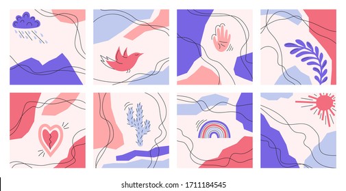 A set of abstract square backgrounds. Hand-drawn illustrations. Templates for social networks. Modern fashion vector illustrations. Each illustration is isolated. Pastel color
