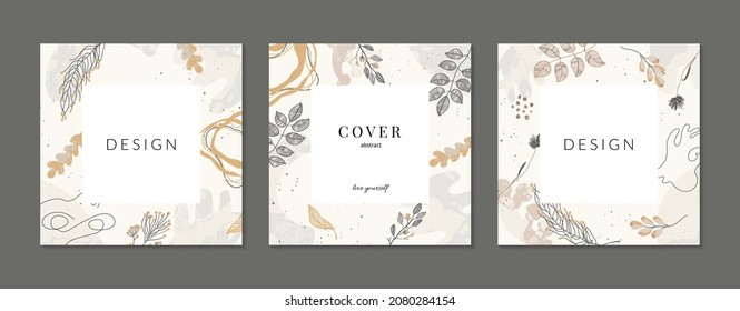 Set of abstract square backgrounds, templates in trendy earthy colors. Modern design with linear floral illustrations and abstract shapes with texture. Covered under mask, easy to use.