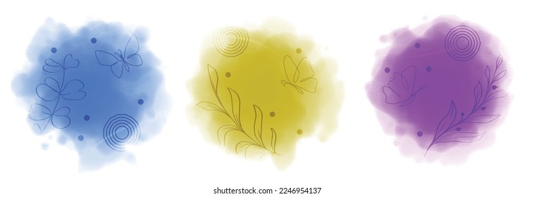 Set of abstract square banner leaf butterfly on watercolour blue yellow purple background. Vector illustration.  