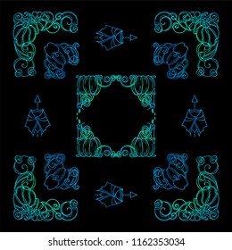 Set of abstract square frames, corners, dividers for black background. Pumpkin, witch hat, bat, broom, cute autumn elements. Blue signs and symbols, ornate vintage style. Set 2 from 6