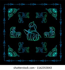 Set of abstract square frames, corners, dividers for black background. Pumpkin, witch hat, bat, broom, cute autumn elements. Blue signs and symbols, ornate vintage style. Set 3 from 6