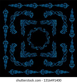Set of abstract square frames, corners, dividers for black background. Stars, waves, Space and celestial body abstract elements. Blue signs and symbols, ornate vintage style. Set 5 from 6 