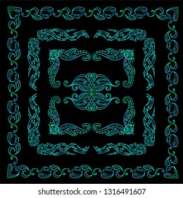 Set of abstract square frames, corners, dividers for black background. Stars, waves, Space and celestial body abstract elements. Blue signs and symbols, ornate vintage style. Set 6 from 6 