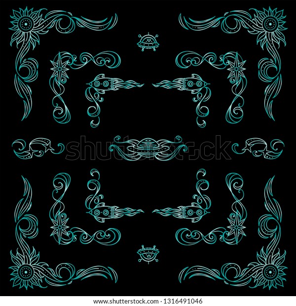 Set of abstract square frames, corners, dividers for\
black background. Stars, waves, Space and celestial body abstract\
elements. Blue signs and symbols, ornate vintage style. Set 4 from\
6 