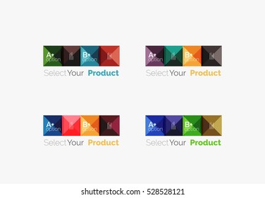 Set of abstract square interface menu navigation buttons with sample infographic content