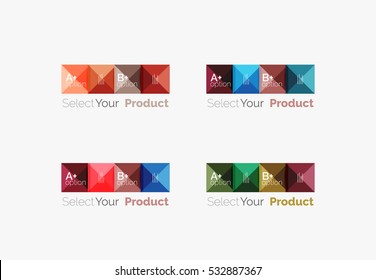 Set of abstract square interface menu navigation buttons with sample infographic content