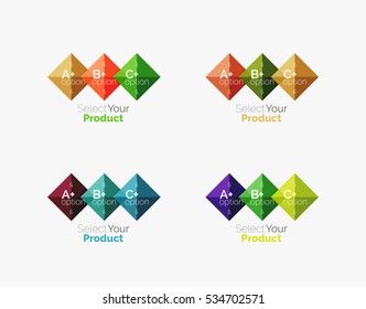 Set of abstract square interface menu navigation buttons with sample infographic content