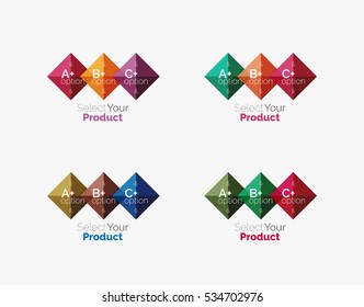 Set of abstract square interface menu navigation buttons with sample infographic content
