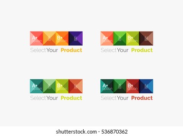 Set of abstract square interface menu navigation buttons with sample infographic content