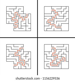 Set of abstract square labyrinths. A game for children. Simple flat vector illustration isolated on white background. With a place for your drawings. With the answer.