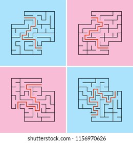 Set of abstract square labyrinths. A game for children. A simple flat vector illustration isolated on a colored background. With a place for your drawings. With the answer.