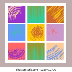 Set of abstract square paintings, 9 pieces. Drawn with a broad brush. Minimalism, stripes, lines, and circles. Bright pop art colors.