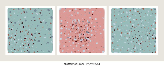 A set of abstract square paintings. Modern minimalism, dots, stripes. Pink blue and white color. Calm natural color scheme. Art for interior decoration and background for postcards. Association with