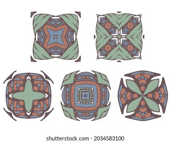 Set of abstract square patterns with geometry elements, Decor tile, mosaic. Vector illustration for traditional arabic and indian pottery tiling, fabric, wall interior, cloth