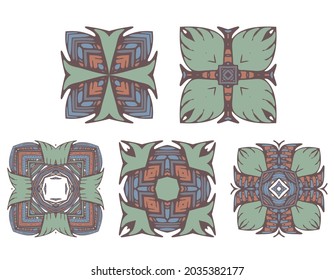 Set of abstract square patterns with geometry elements, Decor tile, mosaic. Vector illustration for traditional arabic and indian pottery tiling, fabric, wall interior, cloth