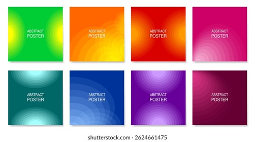 Conjunto de pôsteres quadrados abstratos. Planos de fundo roxo, azul, azul-petróleo, verde, vermelho, laranja e rosa. Padrão redondo com transição de gradiente, ovais misturados