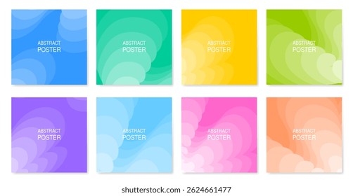 Conjunto de pôsteres quadrados abstratos. desenhos de fundo roxo, azul, rosa, amarelo, verde e pêssego. Padrão ondulado com transição de gradiente, figuras misturadas	
