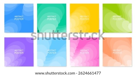 Set of abstract square posters. Purple, blue, pink, yellow, green and peach background designs. Wavy pattern with gradient transition, blended figures	
