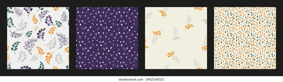 Set of abstract square seamless pattern tiny branches leaves, sketch drops, lines, striped, random dots. Trendy vector hand drawn sketch simple colorful background textured. Design for fabric, fashion