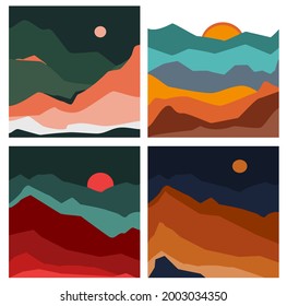 conjunto de formas cuadradas abstractas onduladas paisajes de montaña y colinas, paisaje de ilustración vectorial en paleta de colores tierra