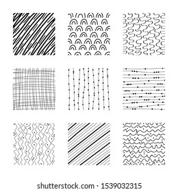 Set of abstract squares. Hand drawn backgrounds. Design elements. Simple scratchy textures. Doodle drawings. Modern ethnic ornaments. Pattern. Vector illustration