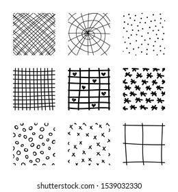 Set of abstract squares. Hand drawn backgrounds. Doodle drawings. Simple scratchy textures. Pattern. Modern ethnic ornaments. Design elements. Vector illustration