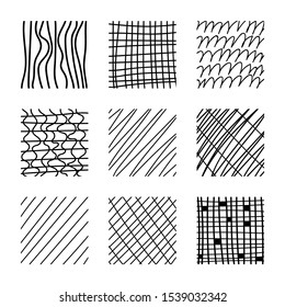 Set of abstract squares. Hand drawn backgrounds. Doodle drawings. Simple scratchy textures. Design elements. Modern ethnic ornaments. Pattern. Vector illustration