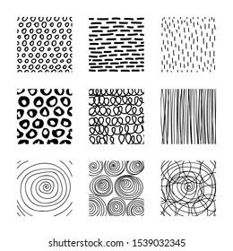 Set of abstract squares. Hand drawn backgrounds. Design elements. Doodle drawings. Simple scratchy textures. Modern ethnic ornaments. Pattern. Vector illustration