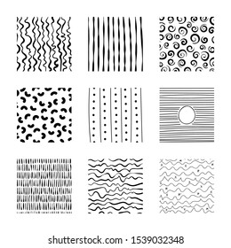 Set of abstract squares. Hand drawn backgrounds. Doodle drawings. Simple scratchy textures. Pattern. Design elements. Modern ethnic ornaments. Vector illustration