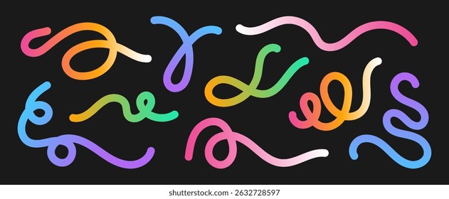 Set of abstract squiggle lines, curved gradient doodle shapes. Fluid looping lines with rainbow colors on dark background.