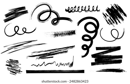 Set of abstract sribble brush stroke. Hand drawn lines, design element. Vector illustration