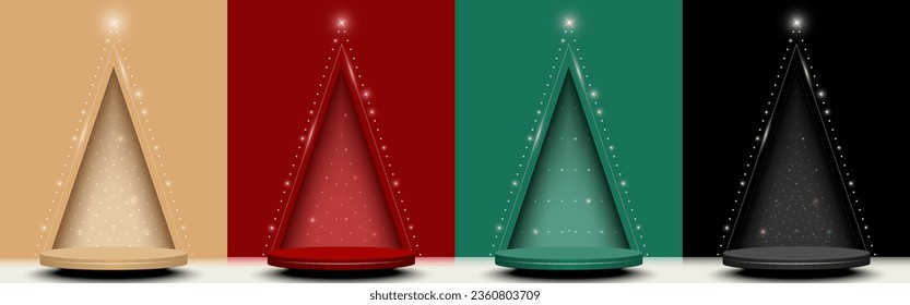 Set of abstract stage podium with triangle shape wall background. Pedestal design for product display on Christmas day. Vector illustration.
